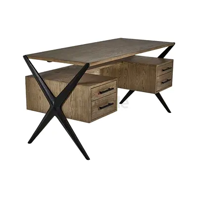 Solid Wood Executive Desk with X-Leg Frame and Built-in Drawers