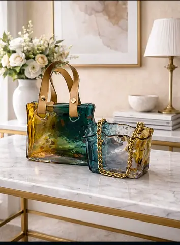 Pair of Decorative Tinted Glass Handbags with Leather and Chain Straps