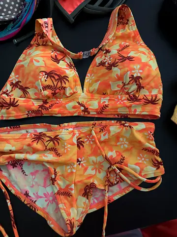 Mixed Orange floral two-piece bikini swimsuit, size XS/S and Adidas Sports Bra