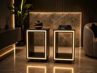 Set of 2 Modern LED Accent Side Tables - Cube Design, Walnut Finish