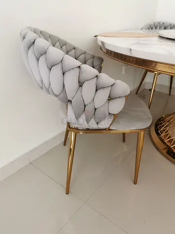 Round Marble-Effect Dining Table with Lazy Susan, Gold Base. Center is with rotation.