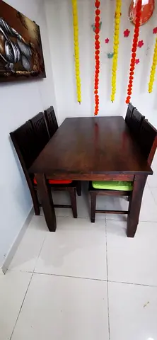 Solid Wood 6 Seater Dining Table with Chairs - Dark Finish