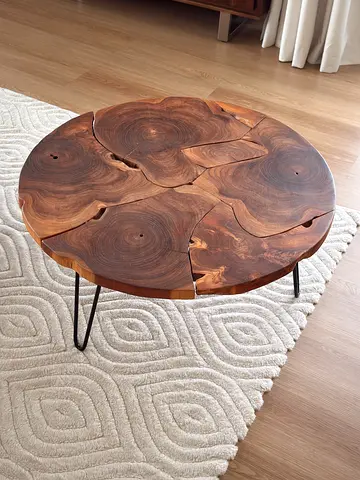 Solid Sheesham Live-Edge Round Coffee Table with Metal Hairpin Legs - real robust wood