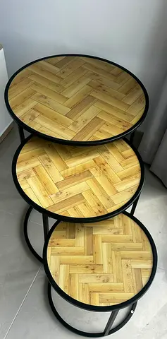 Set of 3 Round Nesting Side Tables with Herringbone Wood Tops