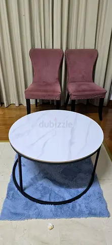 Pair of pink velvet dining chairs - good condition, and Coffee table