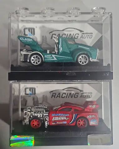 Set of 2 Mini racing cars in stackable display cases.