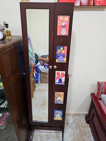 Dark Wood Free-Standing Wardrobe Mirror with Decorative Panels
