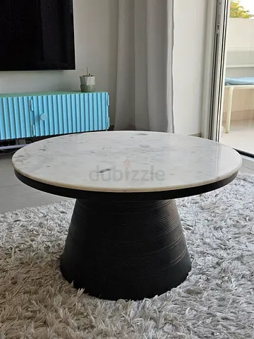 Modern White Marble Coffee Table with Black Conical Base