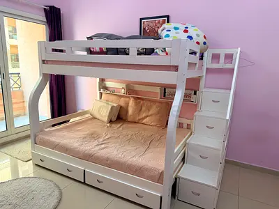 White Solid wooden loft bunk bed with storage drawers. Kids Bed.
