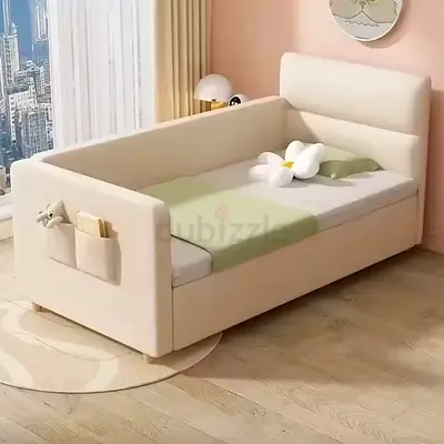 Toddler Bed with Side Rails and Storage Pocket - Cream Upholstered