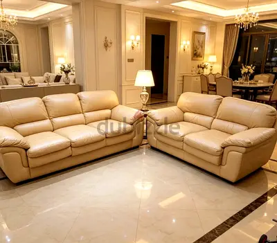 Beige Leather Sofa Set - 3-seater + 2-seater, Excellent Condition