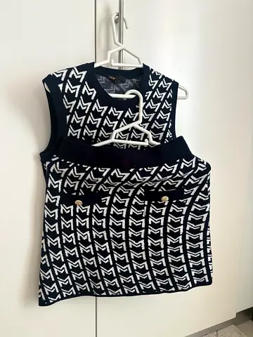Navy White Patterned Knit Sleeveless Top and Skirt, Brand Maje, size S.