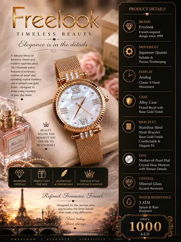 Freelook Womens Rose Gold Mesh Bracelet Watch with Mother-of-Pearl Dial