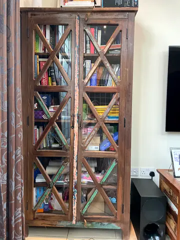 Wooden Glass-Front Bookcase / Display Cabinet - Rustic Finish