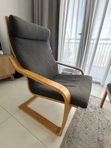 IKEA Poäng bentwood lounge chair and footstool - grey fabric, good condition