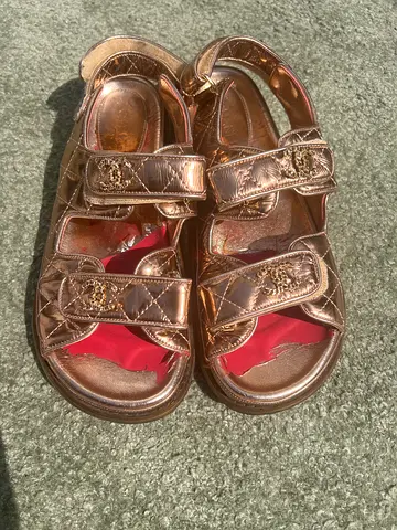 Chanel Velcro Dad Sandals 21C Iridescent Light Bronze Lambskin