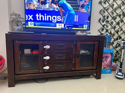 Solid Wood TV Console Cabinet with Drawers and Mesh Doors