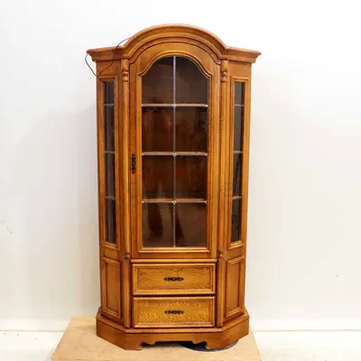 Antique-style Oak Display Cabinet with Glass Doors and Drawers