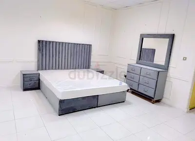 Grey Velvet King Bed Frame with Mattress, 2 Nightstands and Dresser with Mirror