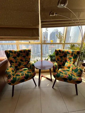 Pair of Tropical Print Armchairs with Round Coffee Table