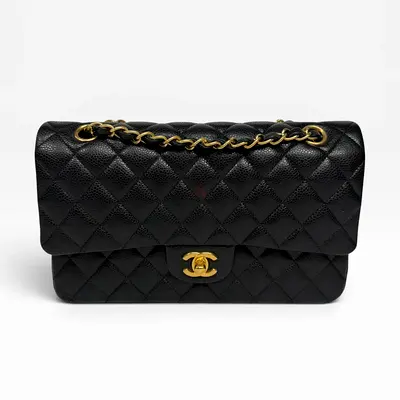 CHANEL MEDIUM CLASSIC DOUBLE FLAP BLACK CAVIAR LEATHER WITH GOLD HARDWARE