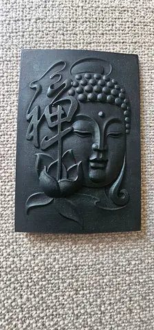 Carved Buddha Wall Relief Panel - Dark Stone/Resin Decorative Art