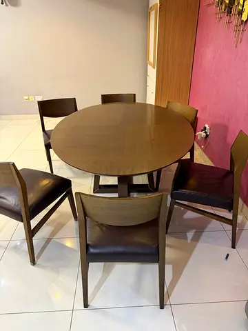Solid Wood Round Dining Table with 6 Chairs - Dark Brown