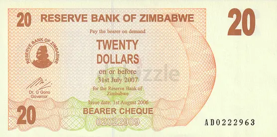 ZIMBABWE 20 DOLLARS BANKNOTE 2006
