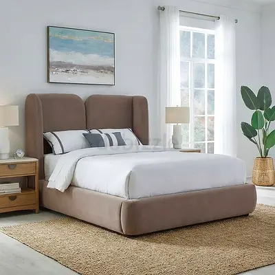 Splited wing back headboard brown leather fabric double bed