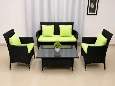 4-piece Outdoor Rattan Sofa Set with Glass Coffee Table — Black with Lime Cushions