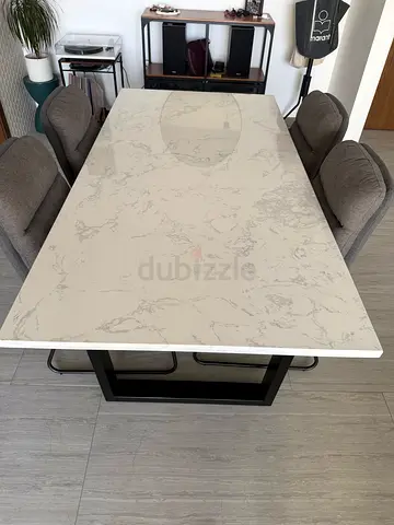 White Marble Effect Dining Table with Metal Base - Seats 6 (with 4 chairs)