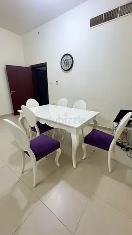 White Gloss Dining Table with 6 Purple-Cushioned Chairs - Elegant Set (ONLY PICKUP NO DELIVERY)