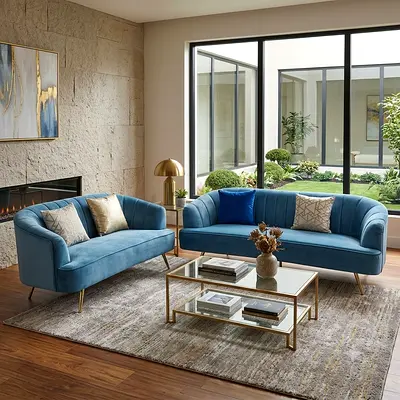 Blue Velvet 2-Seater Sofa Set with Gold Legs - Modern Living Room