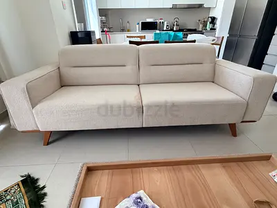 Modern 3 Seater Fabric Sofa in Beige with Wooden Legs