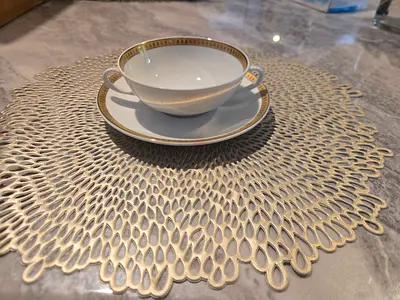 Six (6) Christofle Malmaison Porcelain Soup Bowl Saucer, Gold Finish (never used)