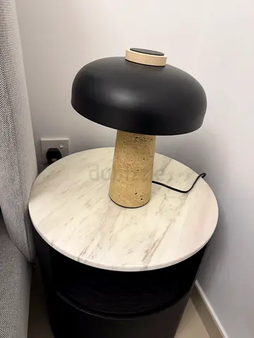 Modern black mushroom table lamp with travertine stone base, dimmable, like new! (2x available)
