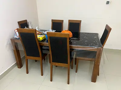 Wooden Dining Table with Glass Top and 6 Chairs - Good Condition