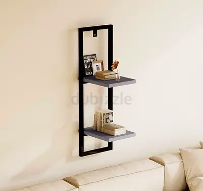 Slim Wall-Mounted Floating Shelf Unit - 2 Tiers, Black Frame