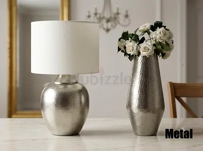 Metal Table Lamp with Matching Hammered Vase - Silver Set