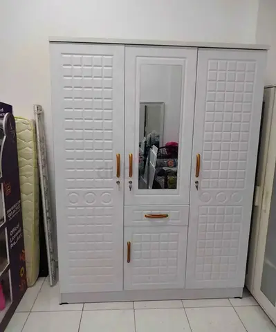 White 3-Door Wardrobe with Mirror and Drawer New For Sale