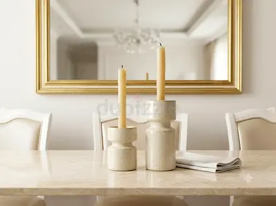 Pair of Ceramic Candle Holders on Marble Dining Table