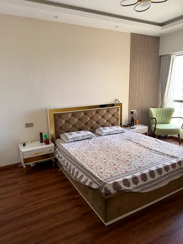 King bed from Home Centre with upholstered headboard and bedside tables - great condition