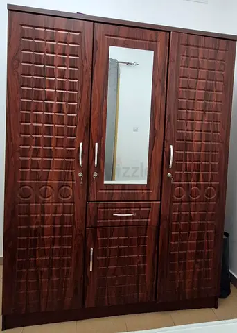 3-Door Wooden Wardrobe with Mirror and Drawers - Good Condition