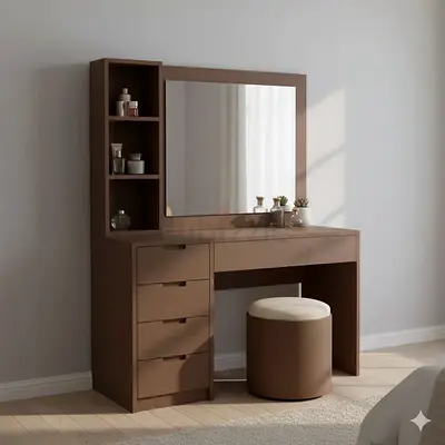 Brown Dressing Table with Mirror, Drawers and Stool