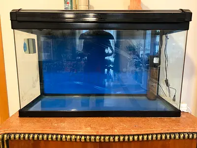 Large glass aquarium tank (01mtr) with marble-top stand, hood and heavy duty filter - good condition