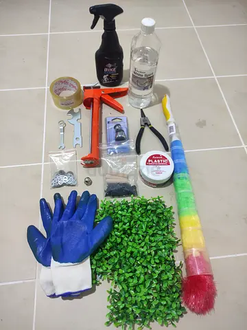 Household cleaning small maintenance kit — brushes, gloves, tools, cleaners