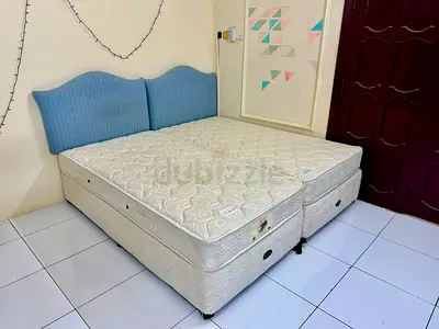 Queen size divan bed set with mattress and upholstered headboard - good condition