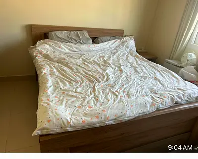Queen wooden bed with storage and mattress and side table