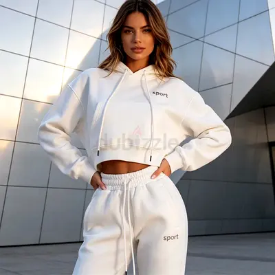 White Cropped Hoodie and Jogger Set - Womens Sport Loungewear