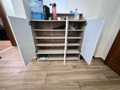 Light Wood Shoe Cabinet with Multiple Shelves - Good Condition